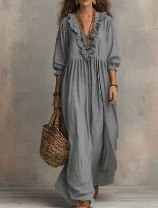 Gray boho long sleeve maxi dress by THE WHITMORE FAMILY featuring flowing fabric and relaxed fit, perfect for casual or bohemian style.
