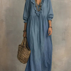 Gray Elowen boho long sleeve maxi dress by THE WHITMORE FAMILY, flowing fabric and relaxed fit perfect for casual or boho style.