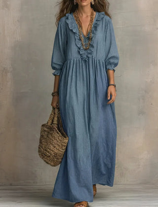 Gray Elowen boho long sleeve maxi dress by THE WHITMORE FAMILY, flowing fabric and relaxed fit perfect for casual or boho style.
