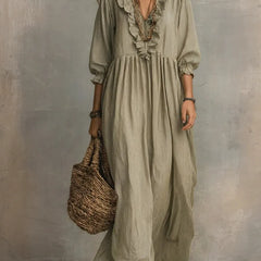 Gray Elowen boho long sleeve maxi dress by THE WHITMORE FAMILY, flowing fabric and relaxed fit perfect for casual wear.