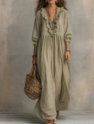 Gray Elowen boho long sleeve maxi dress by THE WHITMORE FAMILY, flowing fabric and relaxed fit perfect for casual wear.