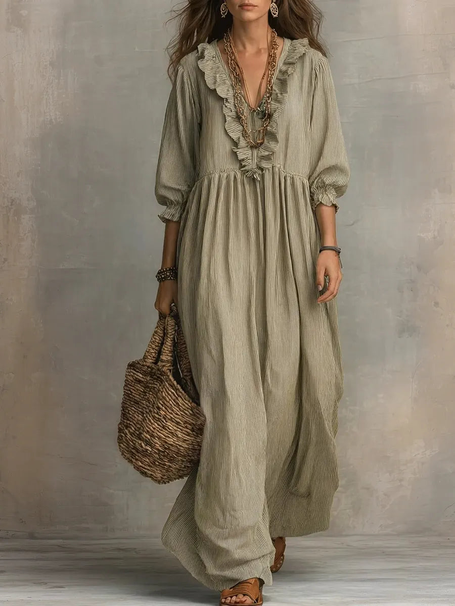Gray Elowen boho long sleeve maxi dress by THE WHITMORE FAMILY, flowing fabric and relaxed fit perfect for casual wear.