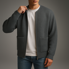 Gray Owen™ Knit Zip Cardigan by THE WHITMORE FAMILY, featuring a front zipper, cozy knit fabric, and ribbed cuffs.