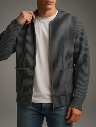Gray Owen™ Knit Zip Cardigan by THE WHITMORE FAMILY, featuring a front zipper, cozy knit fabric, and ribbed cuffs.