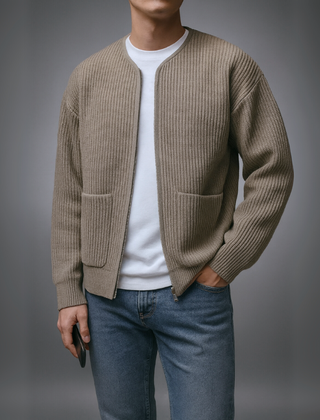 Gray Owen™ Knit Zip Cardigan by THE WHITMORE FAMILY, featuring a front zipper and cozy knit fabric.