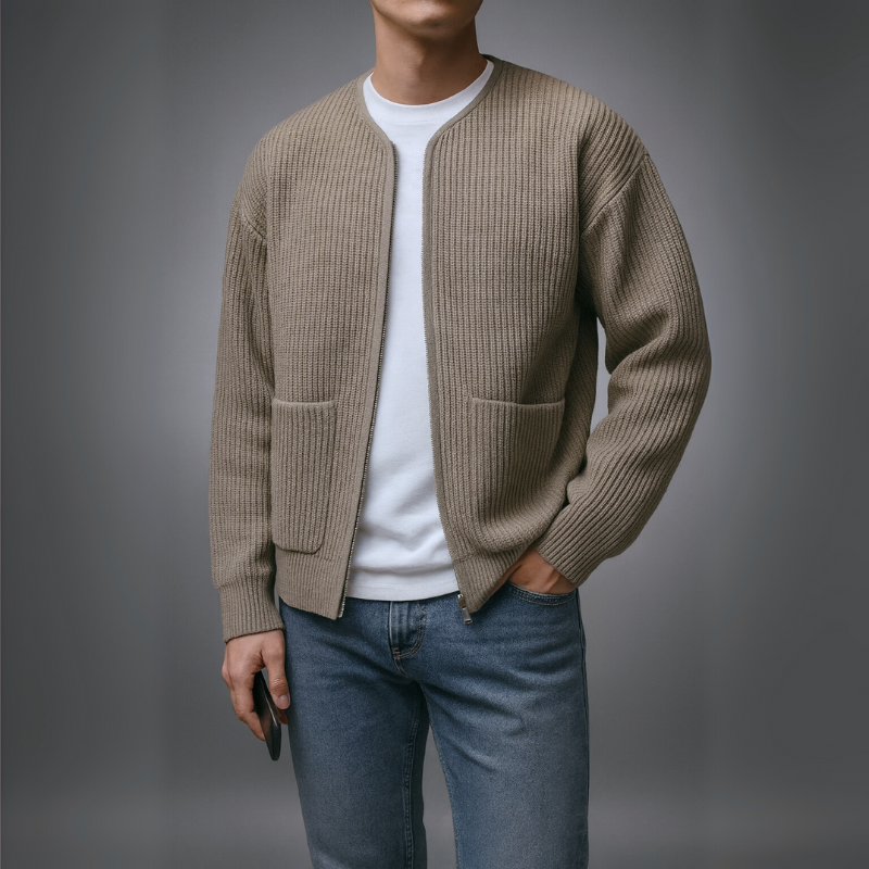 Gray Owen™ Knit Zip Cardigan by THE WHITMORE FAMILY, featuring a front zipper and cozy knit fabric.