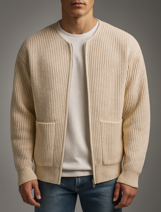 Gray Owen™ Knit Zip Cardigan by THE WHITMORE FAMILY, featuring a cozy knit fabric and a front zipper, shown on a model.