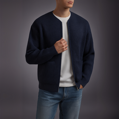 Gray Owen™ Knit Zip Cardigan by THE WHITMORE FAMILY, shown with front zipper, ribbed cuffs, and soft knit fabric.