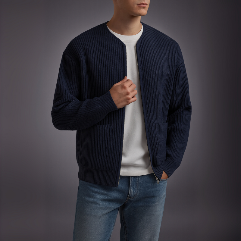Gray Owen™ Knit Zip Cardigan by THE WHITMORE FAMILY, shown with front zipper, ribbed cuffs, and soft knit fabric.