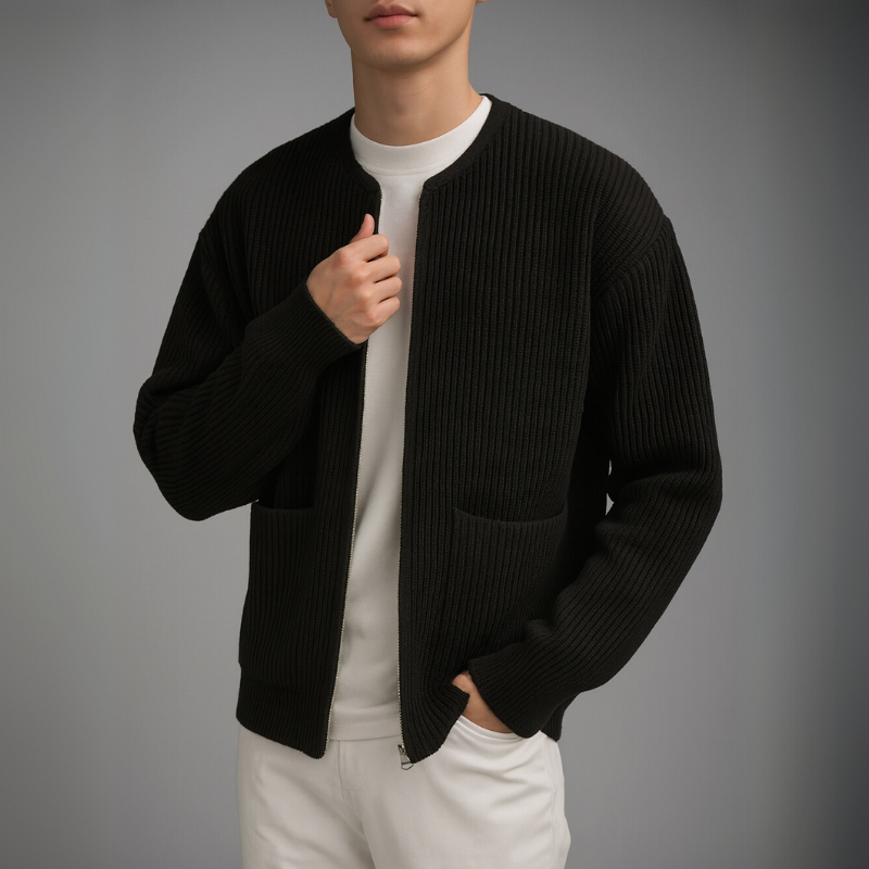 Gray Owen™ Knit Zip Cardigan by THE WHITMORE FAMILY, featuring a cozy knit fabric and front zipper, worn open or zipped up.