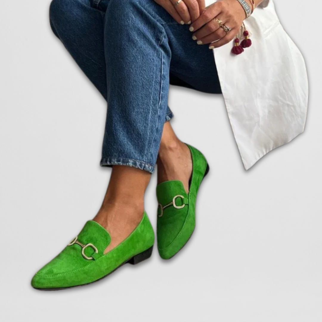 Green Hyelianne orthopedic loafers by THE WHITMORE FAMILY, featuring comfortable slip-on design and supportive sole.