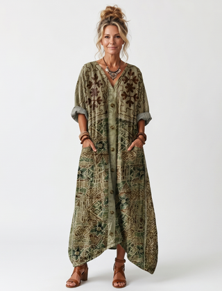 Green Aleta button-front oversized pocket midi dress by THE WHITMORE FAMILY, featuring a relaxed fit and stylish front pockets.