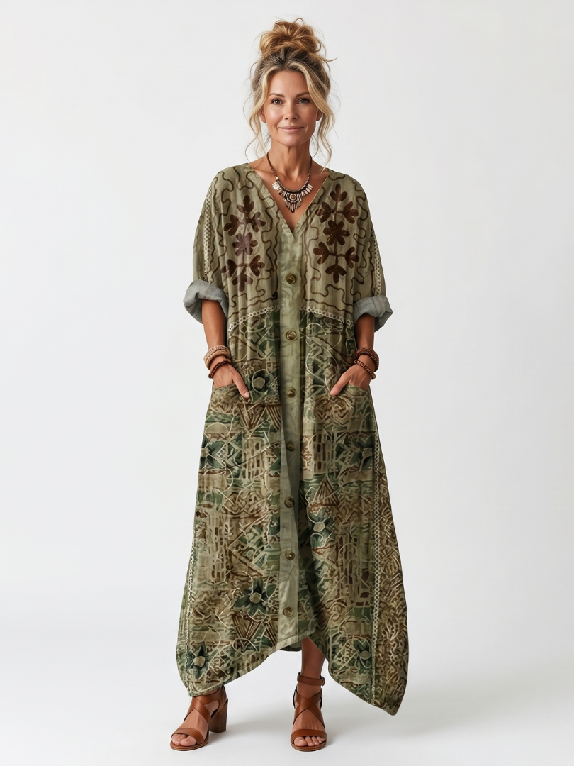 Green Aleta button-front oversized pocket midi dress by THE WHITMORE FAMILY, featuring a relaxed fit and stylish front pockets.