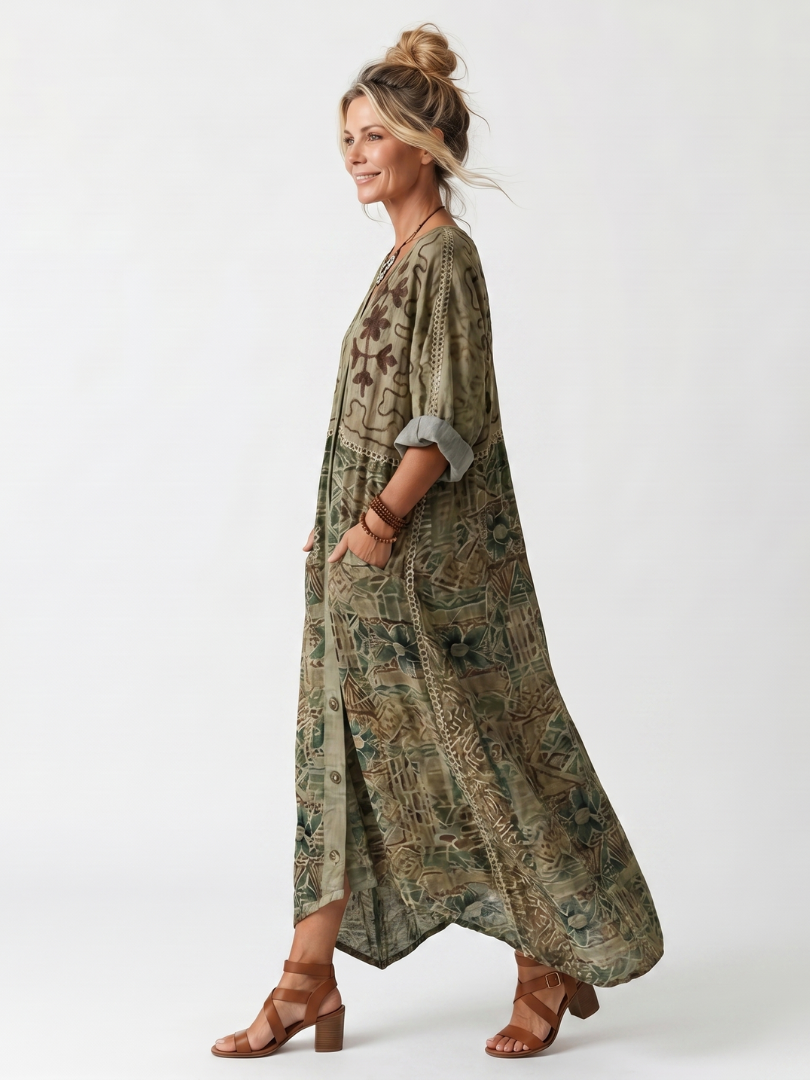 Green Aleta Button Front Oversized Pocket Midi Dress by THE WHITMORE FAMILY, featuring a relaxed fit and front pockets.