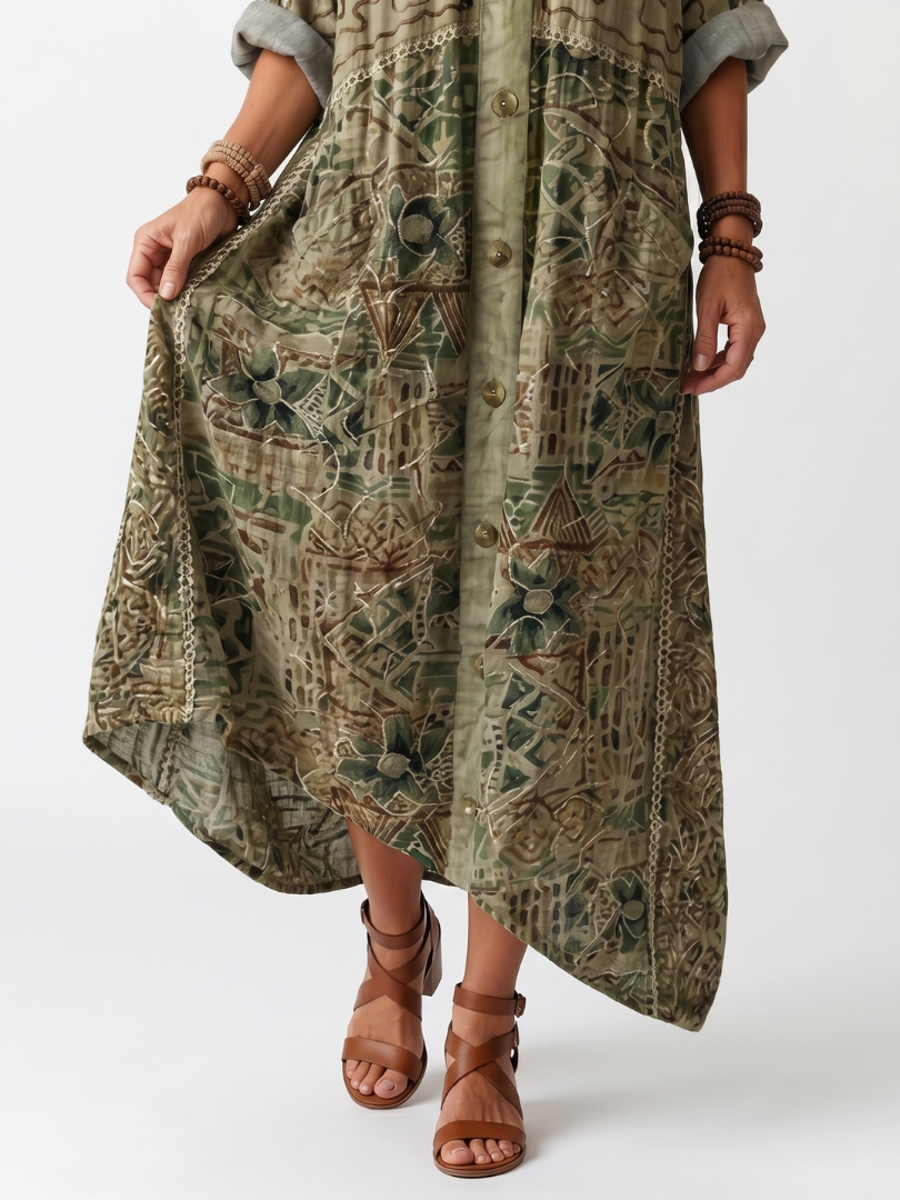 Green Aleta button-front oversized pocket midi dress by THE WHITMORE FAMILY, featuring a relaxed fit and stylish design.