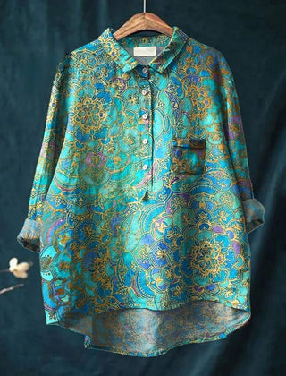 Green Amelia Mandala Print Shirt by THE WHITMORE FAMILY, featuring vibrant mandala patterns and a casual, comfortable fit.