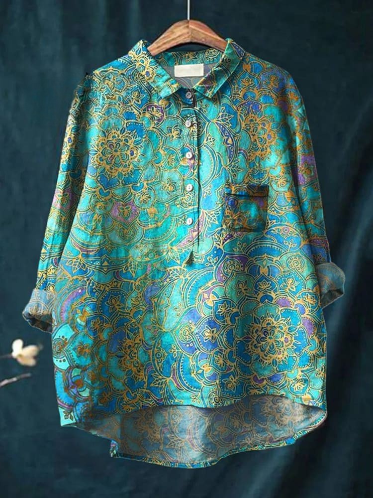 Green Amelia Mandala Print Shirt by THE WHITMORE FAMILY, featuring vibrant mandala patterns and a casual, comfortable fit.