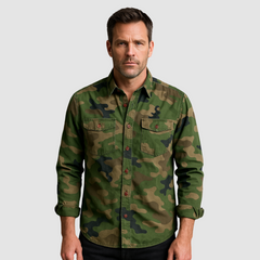 Logan™ Urban Camo Shirt by THE WHITMORE FAMILY, featuring a stylish camouflage pattern and casual fit, displayed on a hanger.