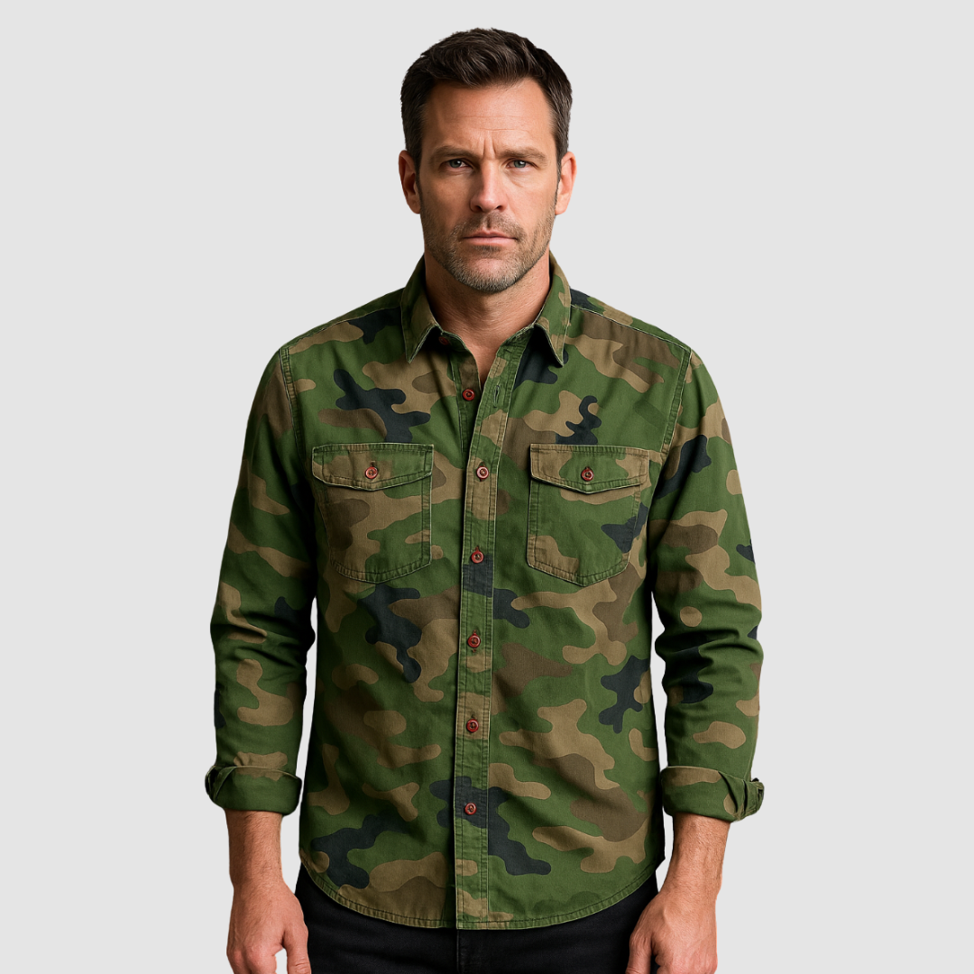 Logan™ Urban Camo Shirt by THE WHITMORE FAMILY, featuring a stylish camouflage pattern and casual fit, displayed on a hanger.