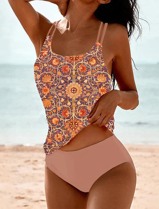 Madeleine™ vintage floral print tankini set by THE WHITMORE FAMILY, featuring green floral patterns and comfortable swimwear design.