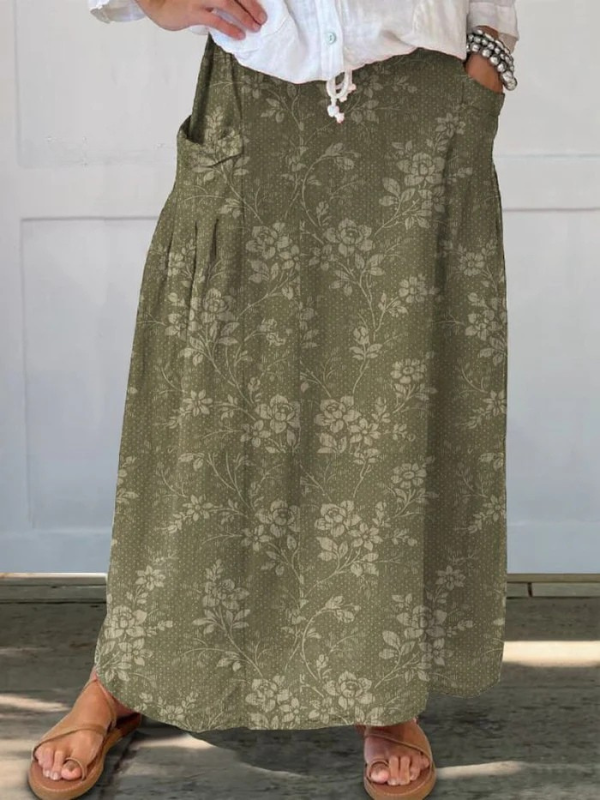 Green Princess™ vintage floral skirt with elastic waistband and pockets, featuring a classic design and comfortable fit.