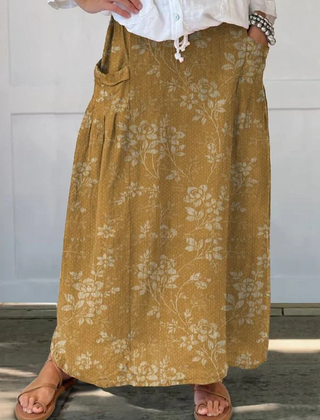 Green Princess™ vintage floral skirt with elastic waistband and pockets, stylish and comfortable for casual wear