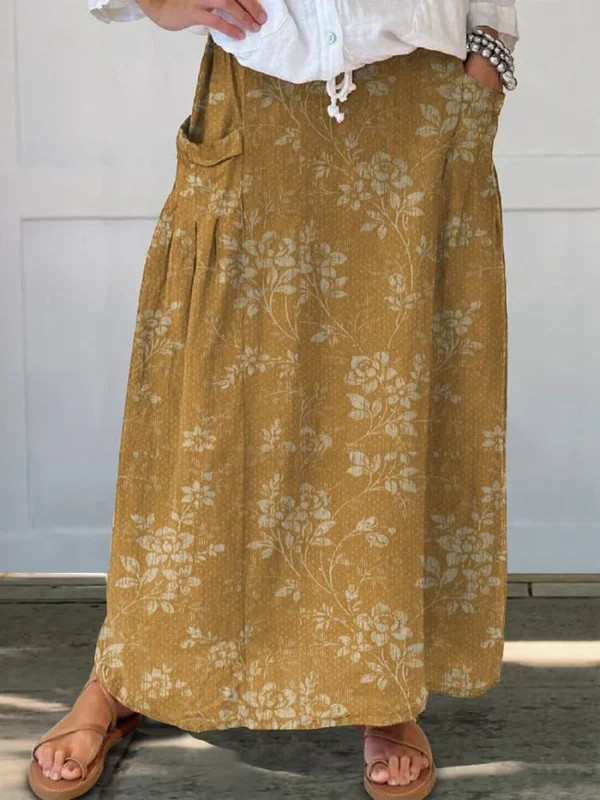 Green Princess™ vintage floral skirt with elastic waistband and pockets, stylish and comfortable for casual wear