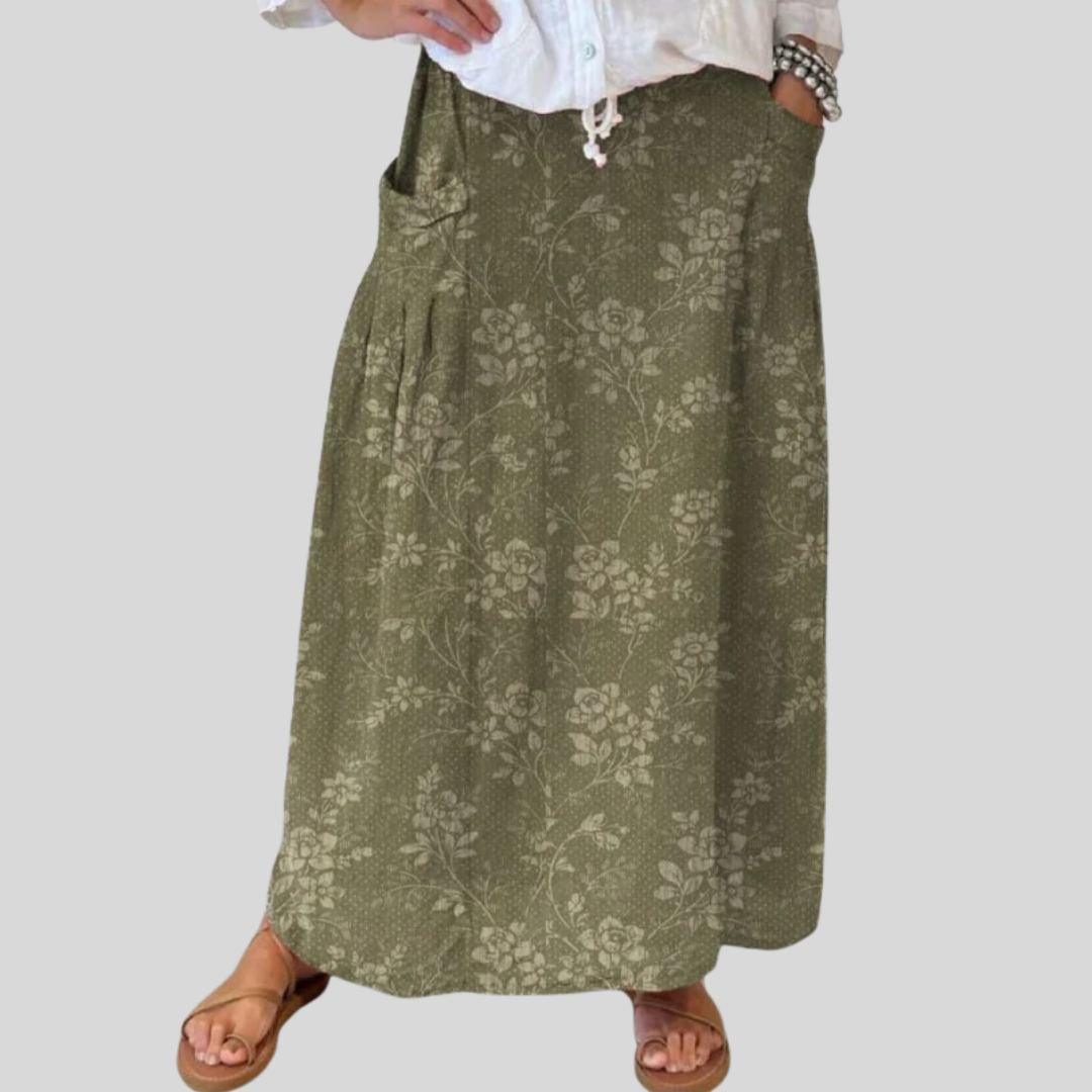 Green Princess™ vintage floral skirt with elastic waistband and pockets, stylish and comfortable for everyday wear.