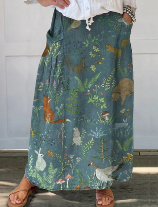 Green Rosil™ retro floral animals art casual pocket skirt by THE WHITMORE FAMILY featuring a vintage-inspired floral and animal print.