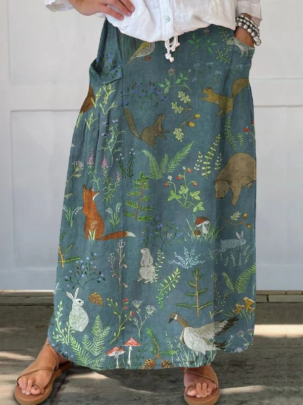 Green Rosil™ retro floral animals art casual pocket skirt by THE WHITMORE FAMILY featuring a vintage-inspired floral and animal print.