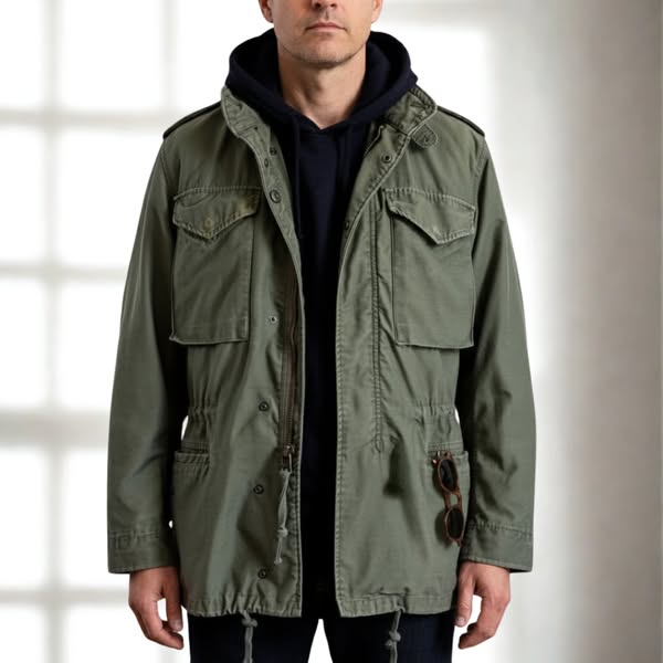 Scott™ Field Jacket by THE WHITMORE FAMILY, outdoor jacket with multiple pockets and rugged design, shown on a hanger.