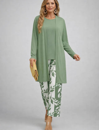 Elegant three-piece trouser set by The Whitmore Family featuring tailored trousers, a stylish top, and matching blazer in sophisticated fabric.