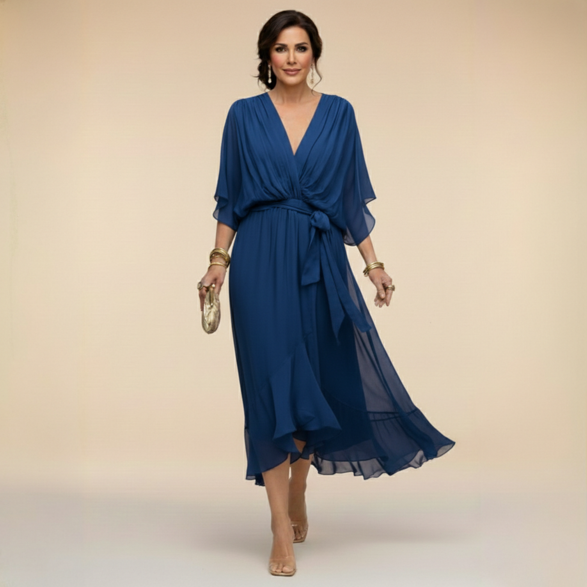 Green Sarah Sandra chiffon V-neck dress by THE WHITMORE FAMILY, lightweight fabric and elegant design, front view.