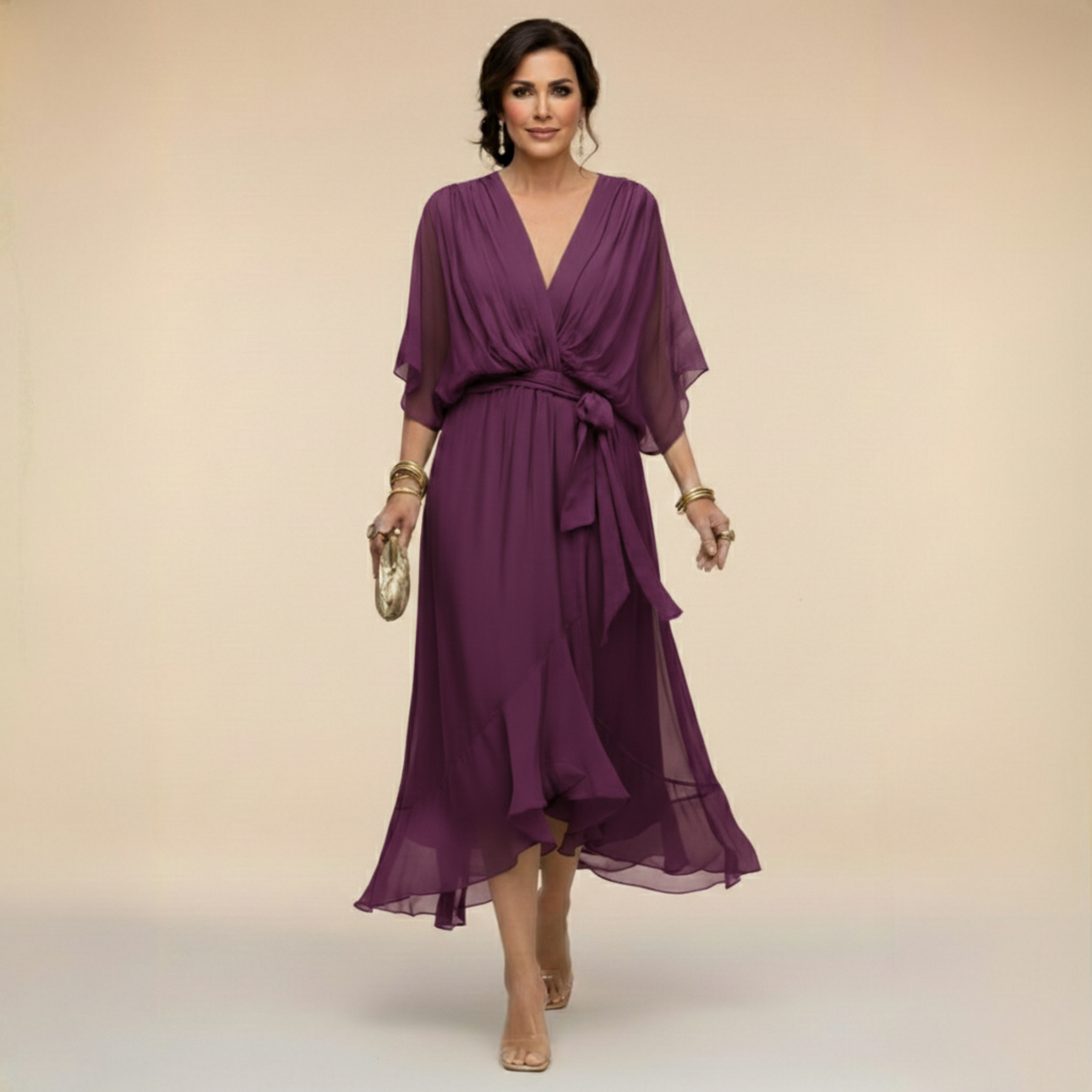 Green Sandra chiffon V-neck dress by THE WHITMORE FAMILY, featuring a flowy design and elegant style in XS size.
