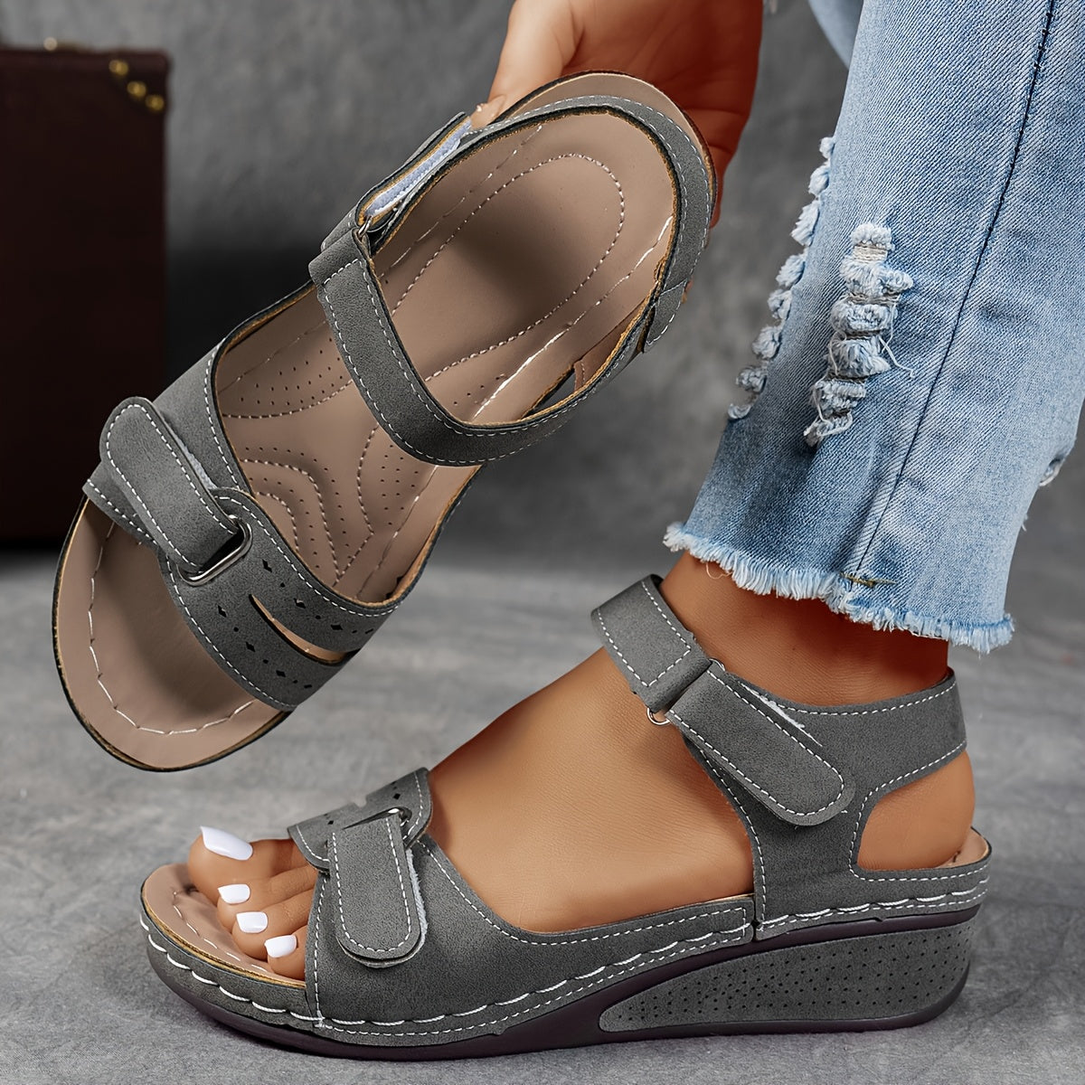 Grey Janet orthopedic comfort flex sandals by THE WHITMORE FAMILY with supportive straps and cushioned sole.