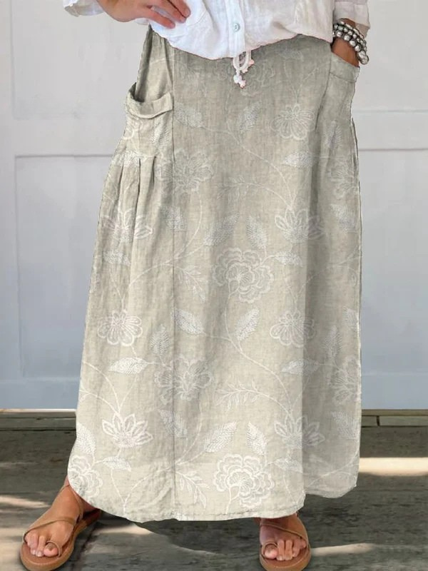 Grey Dally™ vintage floral art elastic waistband pocket skirt by THE WHITMORE FAMILY, featuring a floral print and functional pockets.