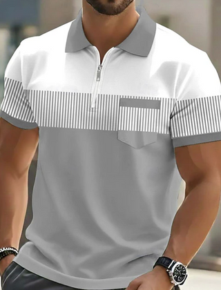 Grey Mason Elegant Zip Polo by THE WHITMORE FAMILY, featuring a sleek design and zip collar, displayed on a neutral background.