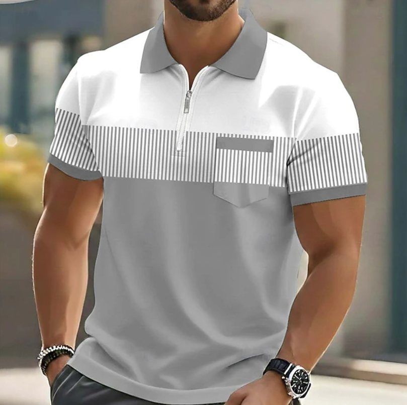 Mason Elegant Zip Polo by THE WHITMORE FAMILY, featuring a classic design with a zip collar, displayed on a mannequin.