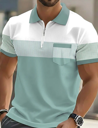 Grey Mason Elegant Zip Polo by THE WHITMORE FAMILY, featuring a stylish collar and front zipper detail.