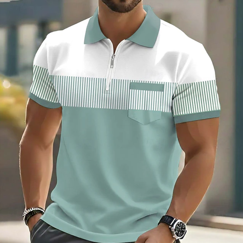 Grey Mason Elegant Zip Polo by THE WHITMORE FAMILY, featuring a stylish collar and front zipper detail.