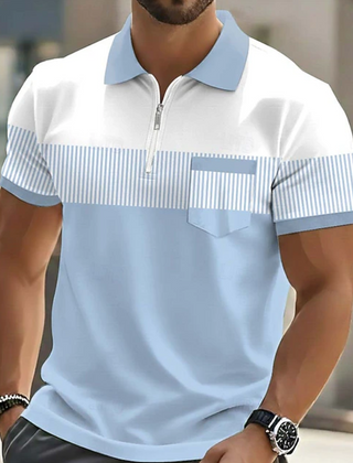 Grey Mason Elegant Zip Polo by THE WHITMORE FAMILY, featuring a stylish collar and front zipper, displayed on a mannequin.