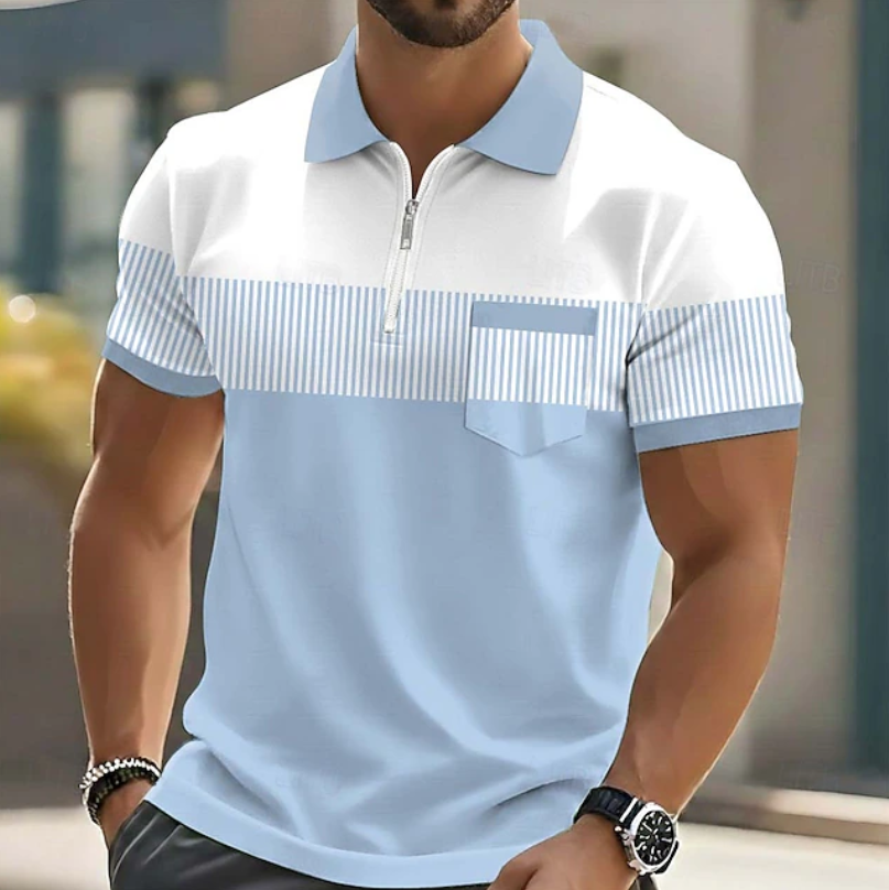 Grey Mason Elegant Zip Polo by THE WHITMORE FAMILY, featuring a stylish collar and front zipper, displayed on a mannequin.