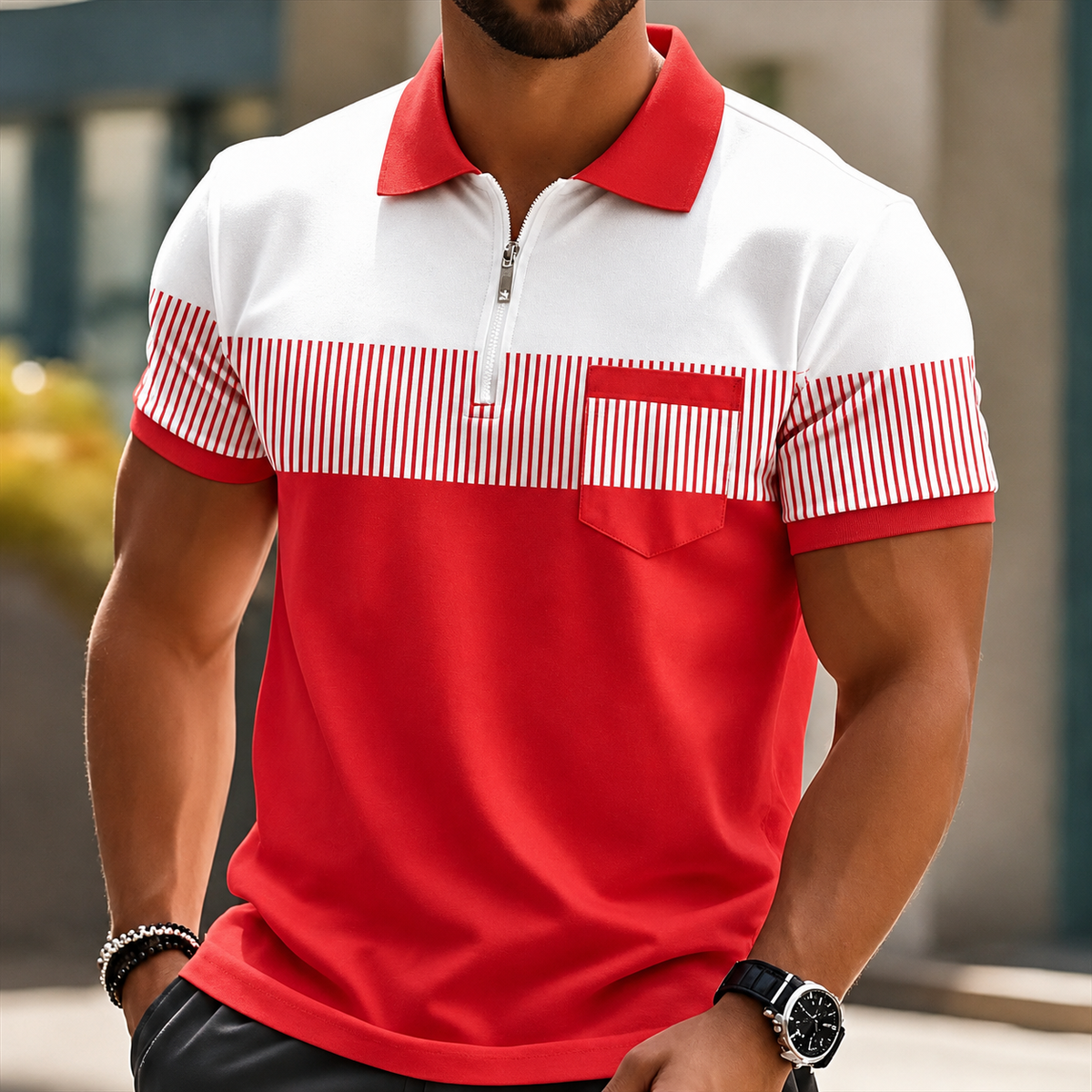 Grey Mason Elegant Zip Polo by THE WHITMORE FAMILY, shown with a classic collar and zip closure on a neutral background.