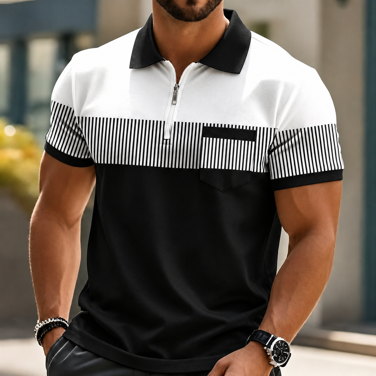 Grey Mason Elegant Zip Polo by THE WHITMORE FAMILY featuring a sleek collar, zip closure, and tailored fit.