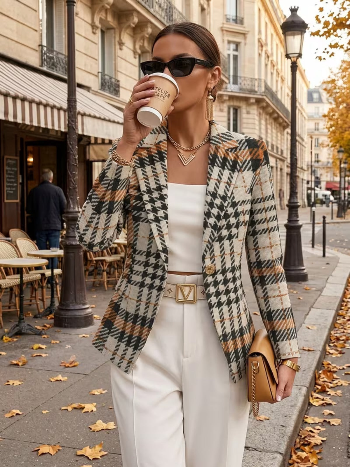 Ghislaine houndstooth blazer from The Whitmore Family, beige and black tailored jacket for women, stylish coat for smart-casual wear