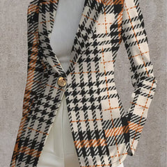 Ghislaine houndstooth blazer by The Whitmore Family, beige and black tailored jacket for women, size XS, front view.