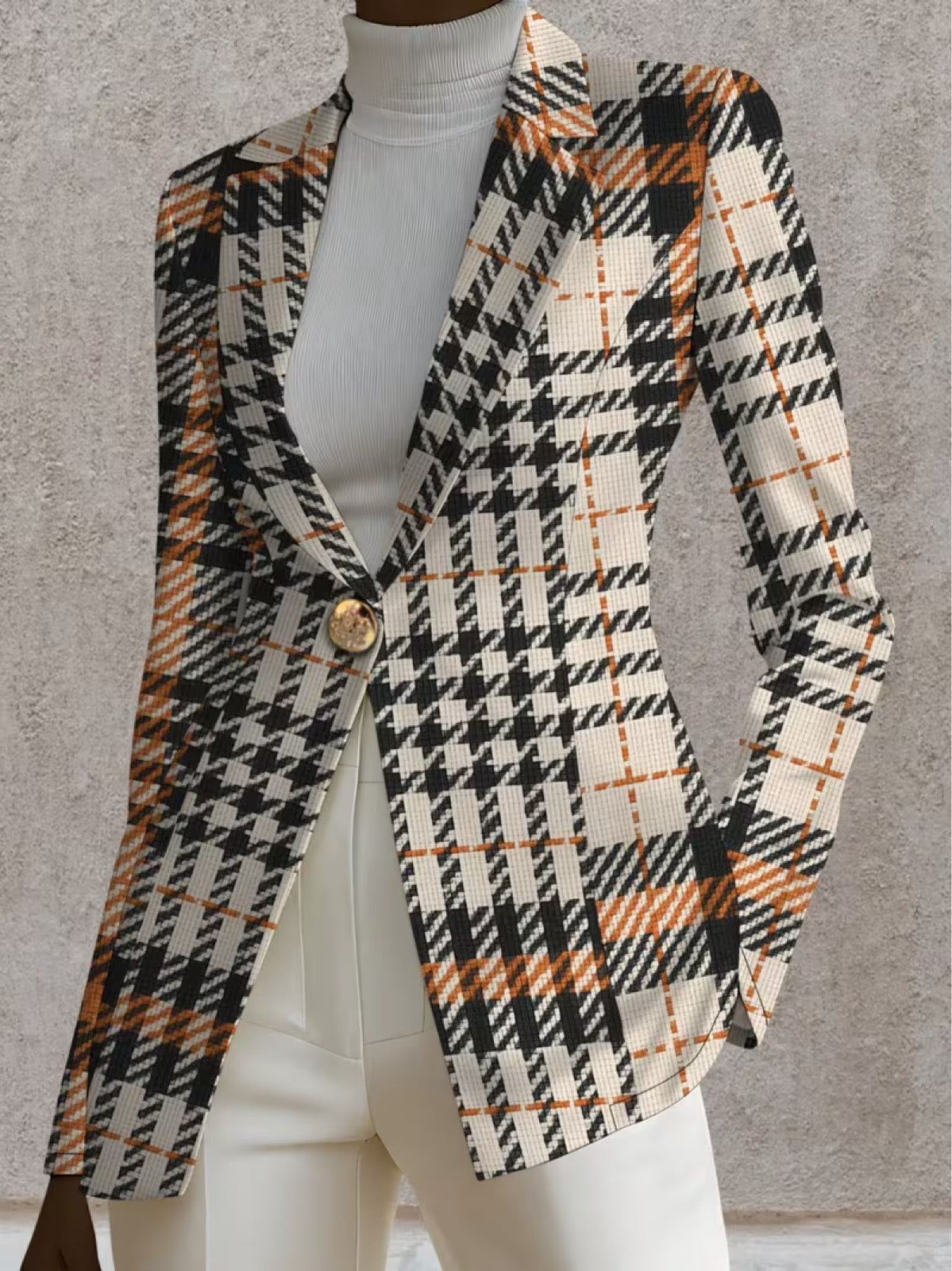 Ghislaine houndstooth blazer by The Whitmore Family, beige and black tailored jacket for women, size XS, front view.