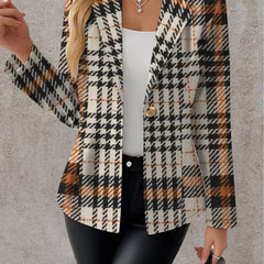Ghislaine houndstooth blazer by The Whitmore Family, beige and black tailored jacket for women, front view.