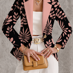 Pink leaf blazer jacket from THE WHITMORE FAMILY, stylish tailored coat with leaf pattern, ideal for casual or formal wear.