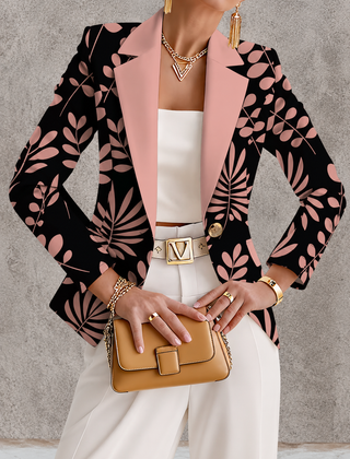 Pink leaf blazer jacket from THE WHITMORE FAMILY, stylish tailored coat with leaf pattern, ideal for casual or formal wear.